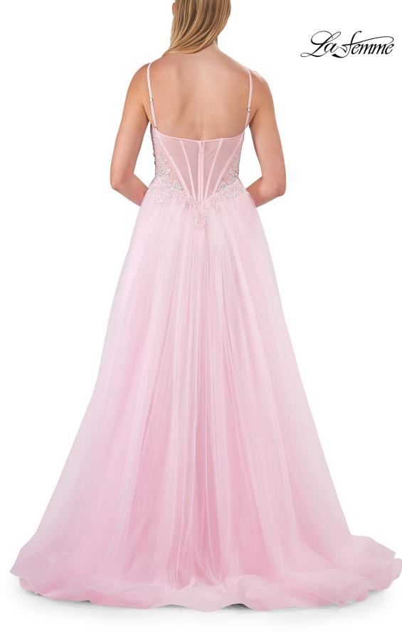 Picture of: Lace Corset Tulle Gown with High Slit and A-Line Skirt in Baby Pink, Style: 33436, Detail Picture 20