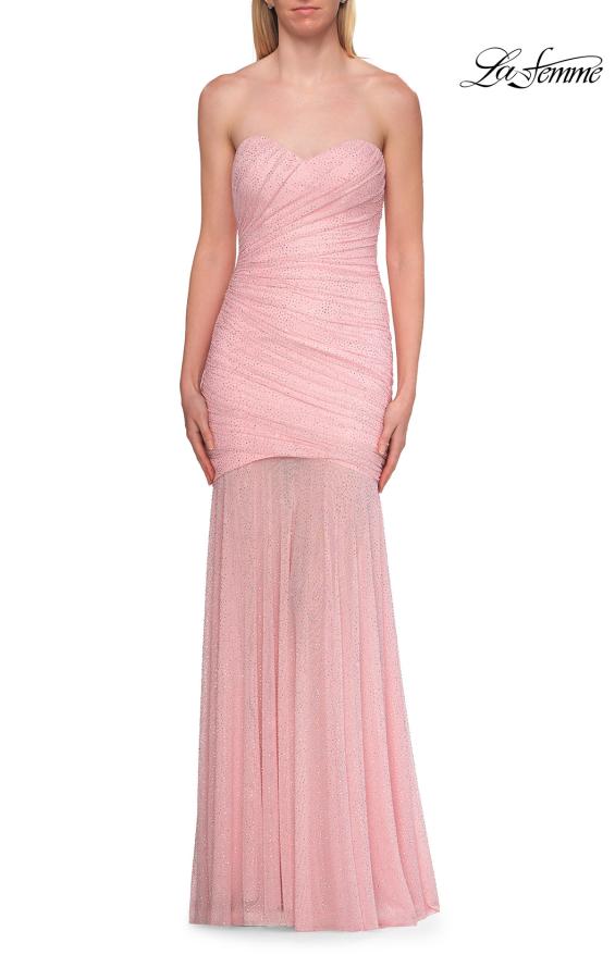 Picture of: Strapless Ruched Rhinestone Gown with Sheer Skirt in Baby Pink, Style: 33725, Detail Picture 21