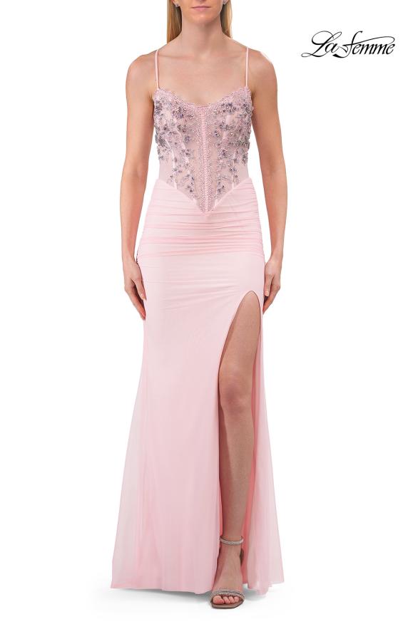 Picture of: Embroidered Corset Gown with Sheer Bodice and High Slit in Baby Pink, Style: 33783, Detail Picture 23
