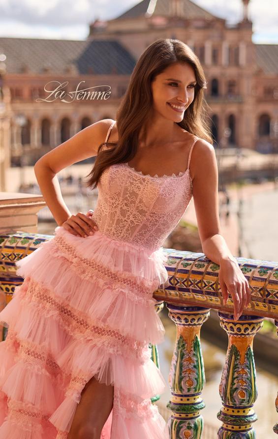 Pink Picture of: Tiered Ruffle Gown with Beaded Bodice and High Slit in Baby Pink, Style: 33493, Detail Picture 3