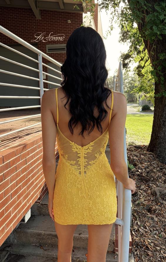 Yellow Picture of: Lace Illusion Back Mini Dress in Banana, Style 33929, Detail Picture 6