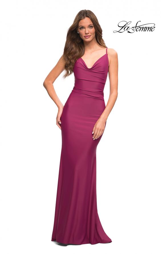 Picture of: Luxe Simple Jersey Gown with Draped Neckline in Berry, Detail Picture 2
