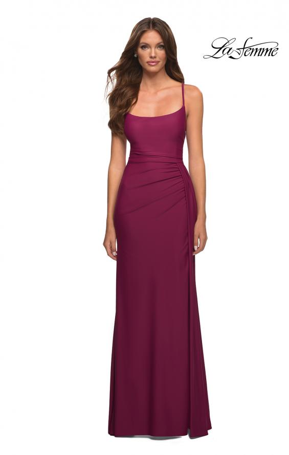 Picture of: Jersey Luxe Gown with Draped Slit and Strappy Back in Purple, Style: 30610, Detail Picture 2