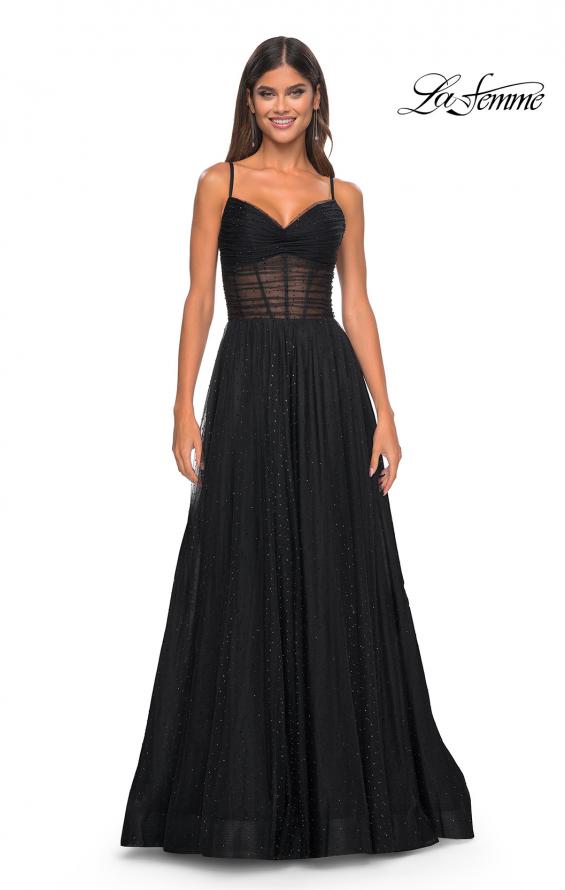Picture of: A-Line Rhinestone Tulle Embellished Gown with Illusion Top in Black, Style: 31970, Detail Picture 10