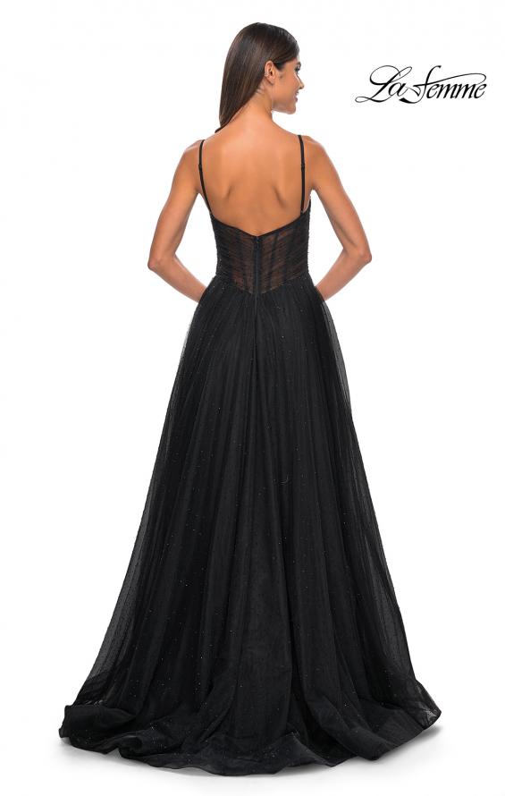 Picture of: A-Line Rhinestone Tulle Embellished Gown with Illusion Top in Black, Style: 31970, Detail Picture 11