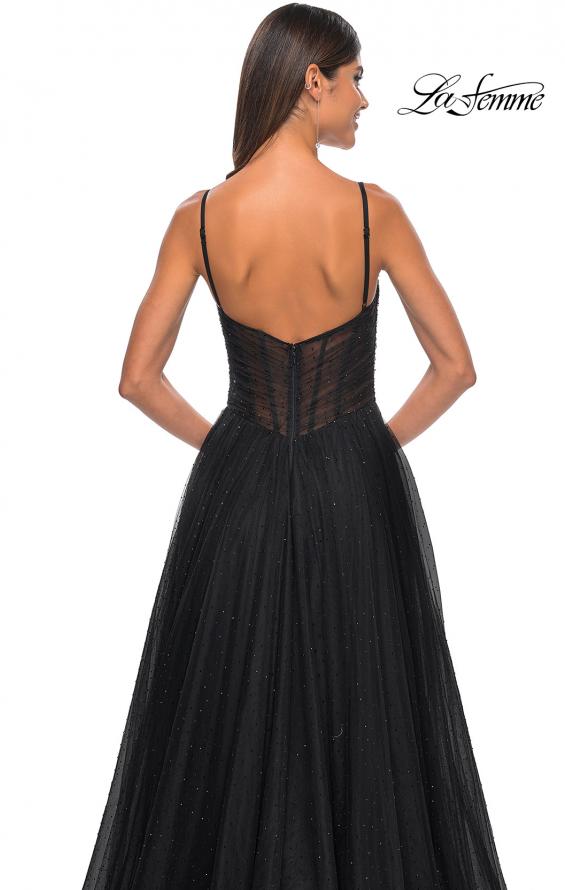 Picture of: A-Line Rhinestone Tulle Embellished Gown with Illusion Top in Black, Style: 31970, Detail Picture 13