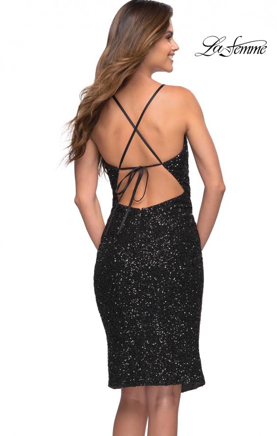 Picture of: Soft Sequin Midi Dress with Draped Neckline and Slit in Black, Style 30922, Detail Picture 4