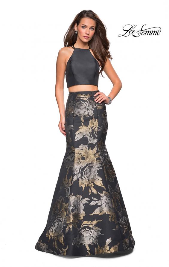 Picture of: Two Piece Mermaid Gown With High Neck Top in Black Gold, Style: 27083, Main Picture