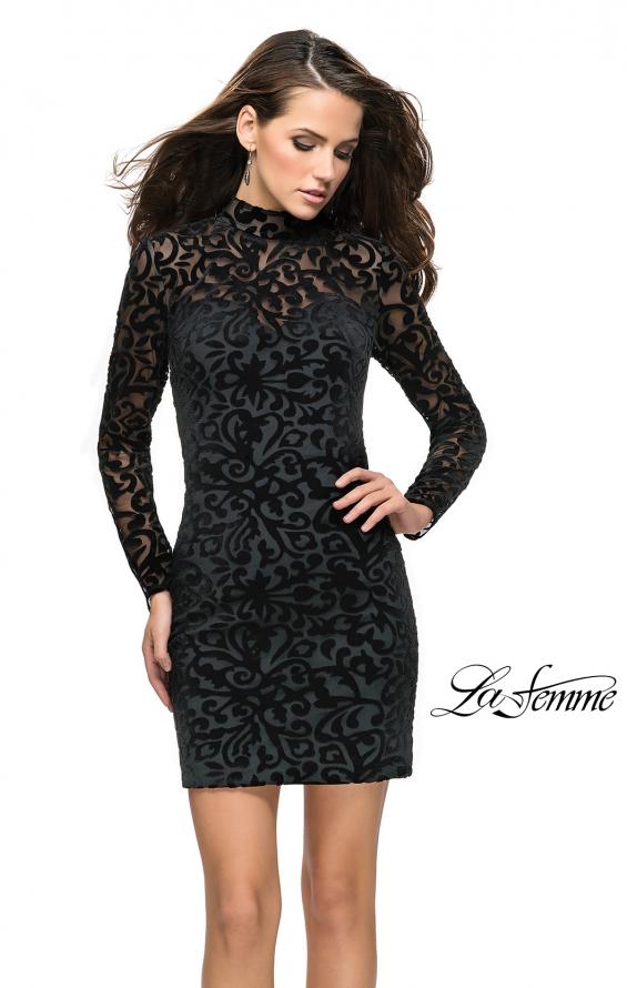 Picture of: Velvet Black Homecoming Dress with Burnout Detail in Black, Style: 26631, Main Picture