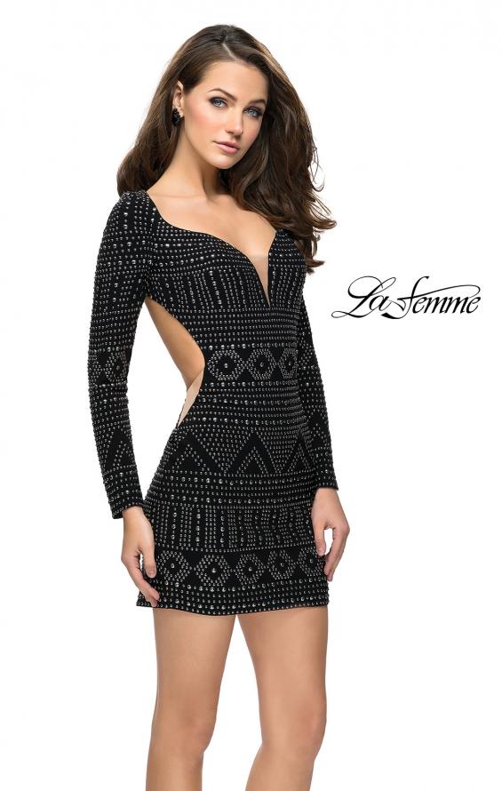 Picture of: Metallic Studded Homecoming Dress with Long Sleeves in Black, Style: 26672, Main Picture