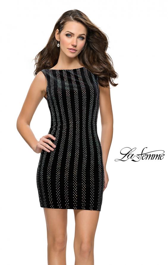 Picture of: Low Scoop Back Short Velvet Dress with Rhinestones in Black, Style: 26687, Main Picture