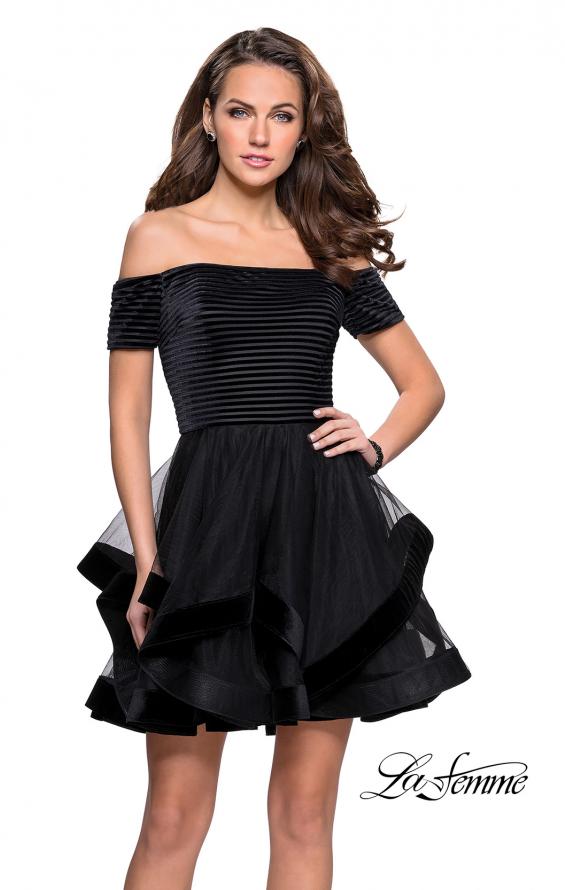 Picture of: Tulle Short Off the Shoulder Dress with Velvet Trim in Black, Style: 26751, Main Picture