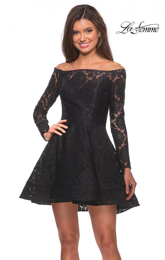 Picture of: Short Lace Dress with Off The Shoulder Long Sleeves in Black, Style: 28175, Main Picture