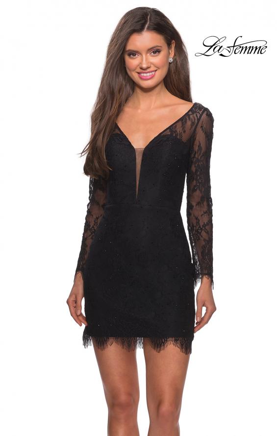 Picture of: Lace Dress with Sheer Sleeves and Scalloped Hem in Black, Style: 28233, Main Picture