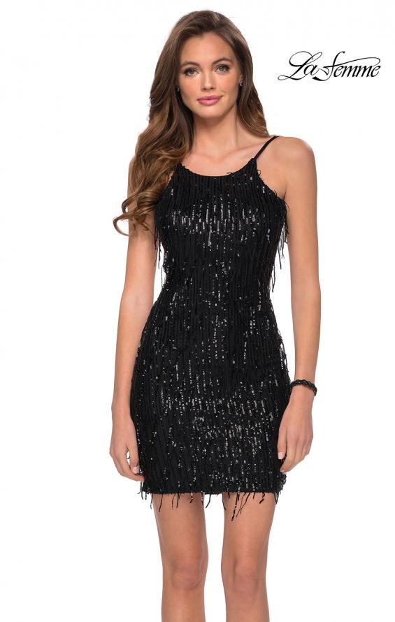 Picture of: Fringe Sequin Short Dress with Open Back in Black, Style: 29257, Main Picture