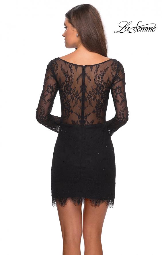 Picture of: Lace Dress with Sheer Sleeves and Scalloped Hem in Black, Style: 28233, Back Picture