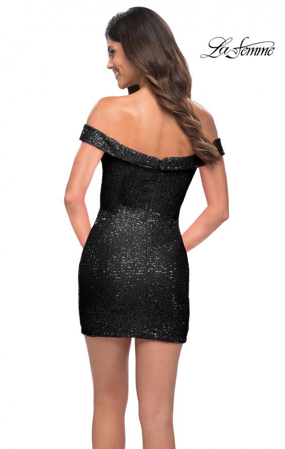 Picture of: Off the Shoulder Stretch Sequin Dress with Ruching in Black, Back Picture