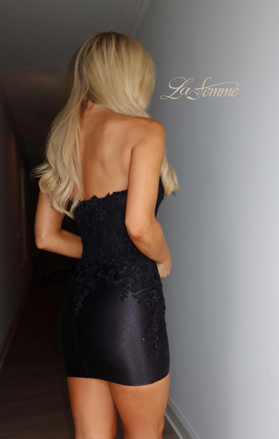 Black Picture of: Strapless Lace Applique Corset Cocktail Dress in Black, Style 33242, Back Picture