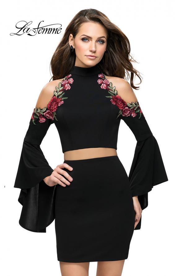Picture of: Floral Two Piece Jersey Mini Bell Sleeve Dress in Black, Style: 26606, Detail Picture 1