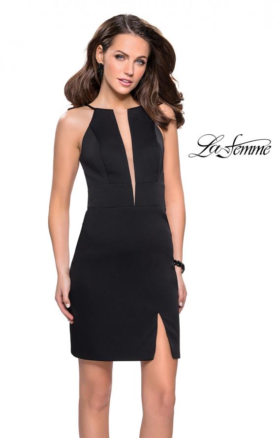 Picture of: Chic Satin Mini Dress with High Neck and Slit in Black, Style: 26657, Detail Picture 1
