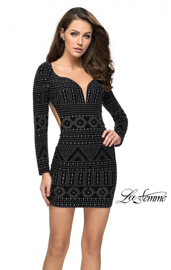 Picture of: Metallic Studded Homecoming Dress with Long Sleeves in Black, Style: 26672, Detail Picture 1