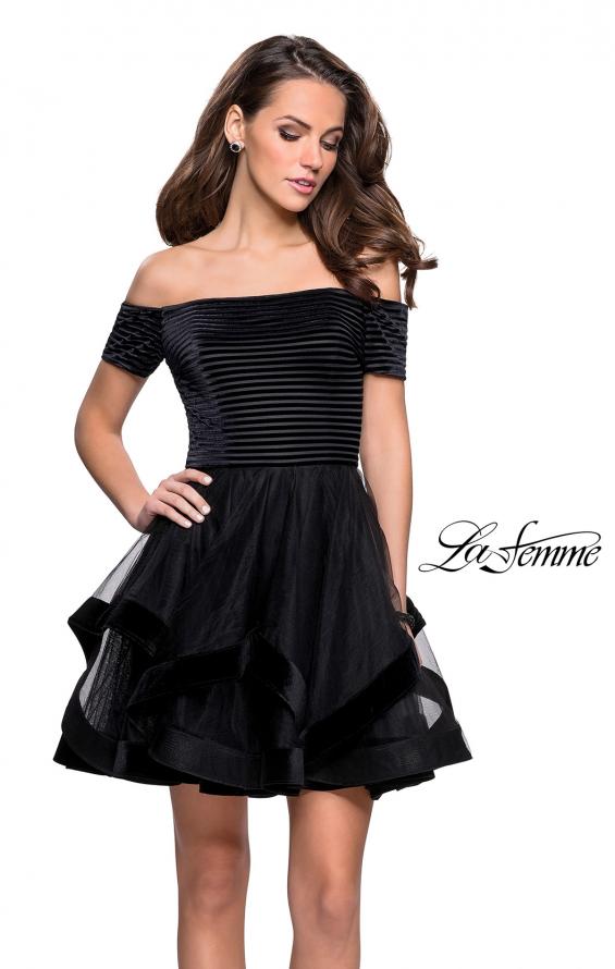 Picture of: Tulle Short Off the Shoulder Dress with Velvet Trim in Black, Style: 26751, Detail Picture 1