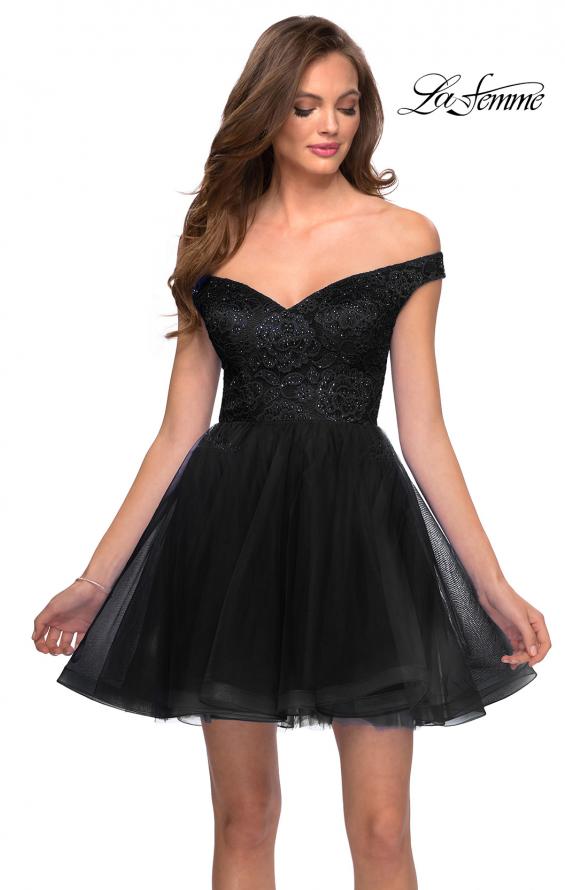 Picture of: Off The Shoulder Tulle Dress with Lace and Rhinestone Bodice in Black, Style: 29267, Detail Picture 1