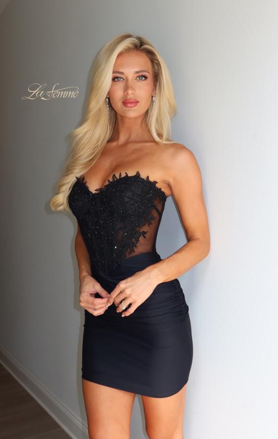 Black Picture of: Sheer Lace Corset Mini Dress in Black, Style 33317, Detail Picture 1