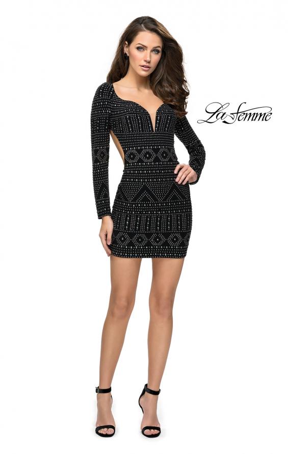 Picture of: Metallic Studded Homecoming Dress with Long Sleeves in Black, Style: 26672, Detail Picture 2