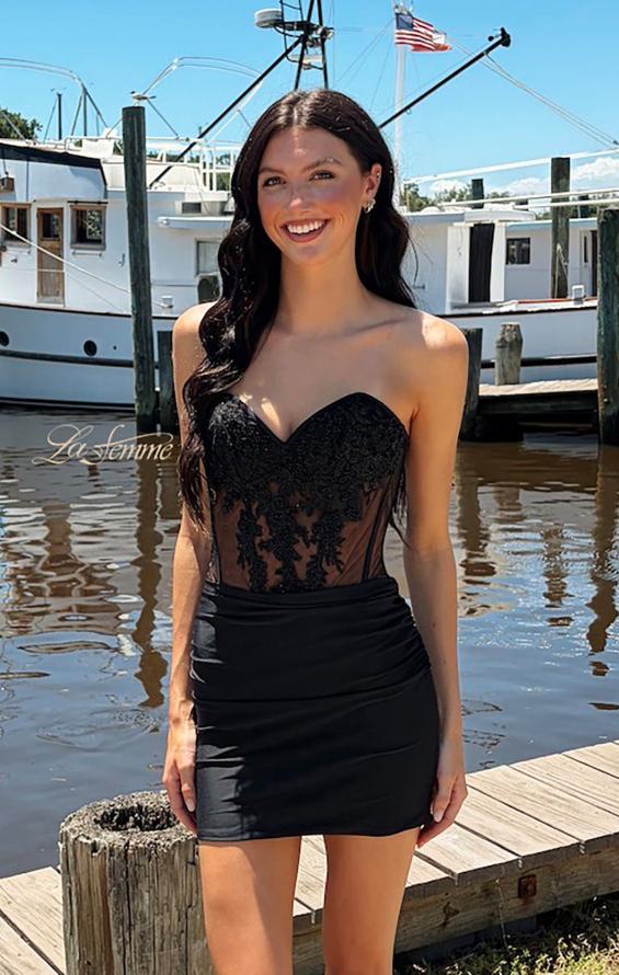 Black Picture of: Strapless Lace Corset Ruched Mini Dress in Black, Style: 33239, Detail Picture 3