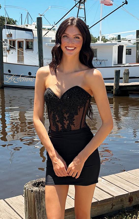 Black Picture of: Strapless Lace Corset Ruched Mini Dress in Black, Style: 33239, Detail Picture 4
