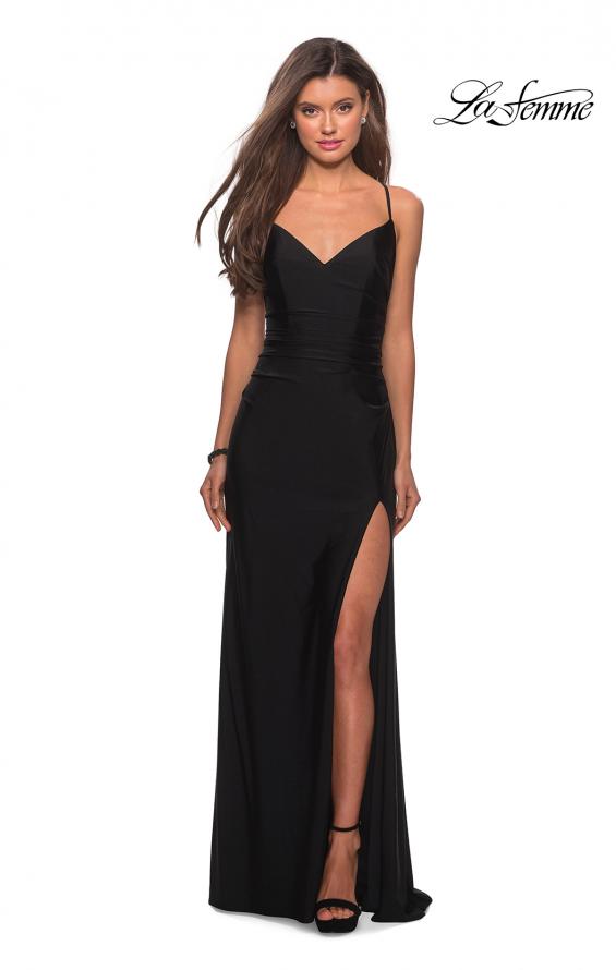 Picture of: Long Homecoming Dress with Slit and Criss Cross Back in Black, Style: 28206, Detail Picture 5