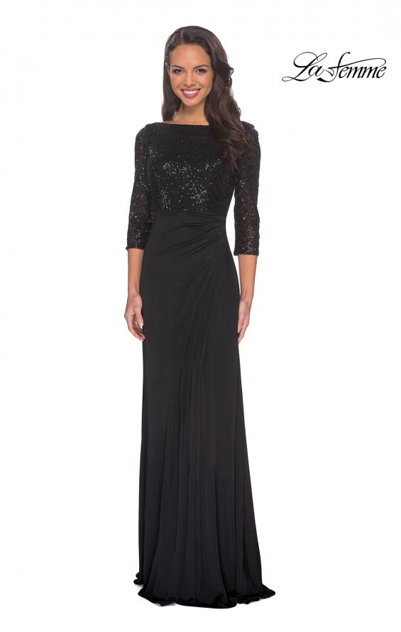 Picture of: Floor Length Dress with Sequin Bodice and Ruching in Black, Style: 24858, Main Picture