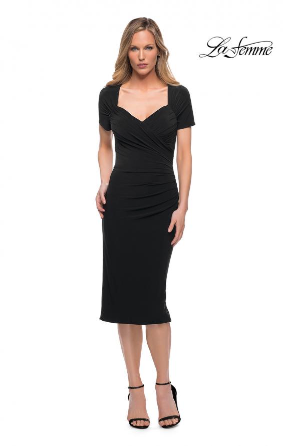 Picture of: Ruched Jersey Below the Knee Dress with Short Sleeves in Black, Main Picture