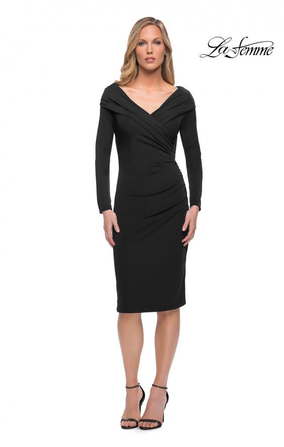 Picture of: Long Sleeve Below the Knee Dress with V Neckline in Black, Main Picture