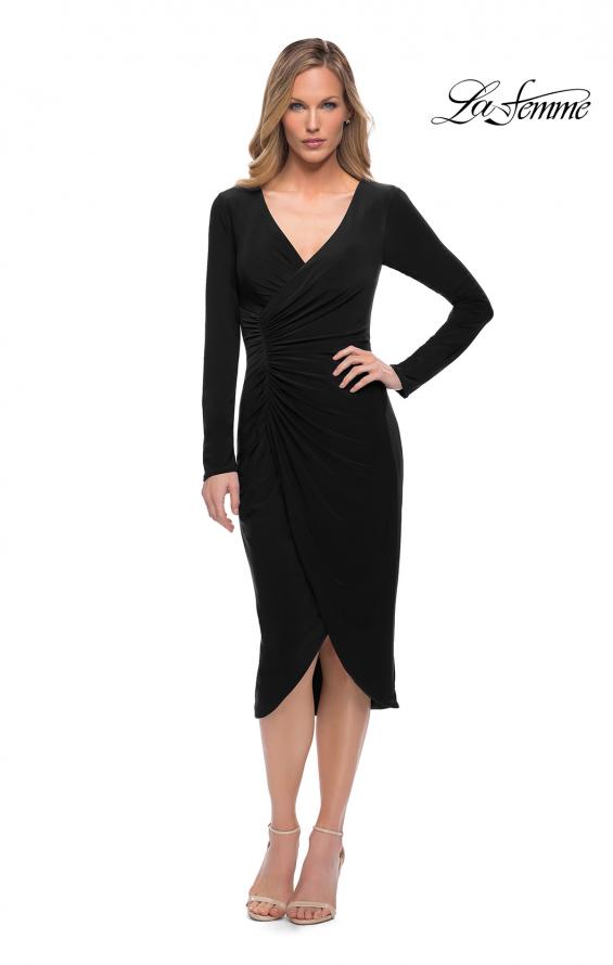 Picture of: Long Sleeve Knee Length Dress with Wrap Style Skirt in Black, Main Picture