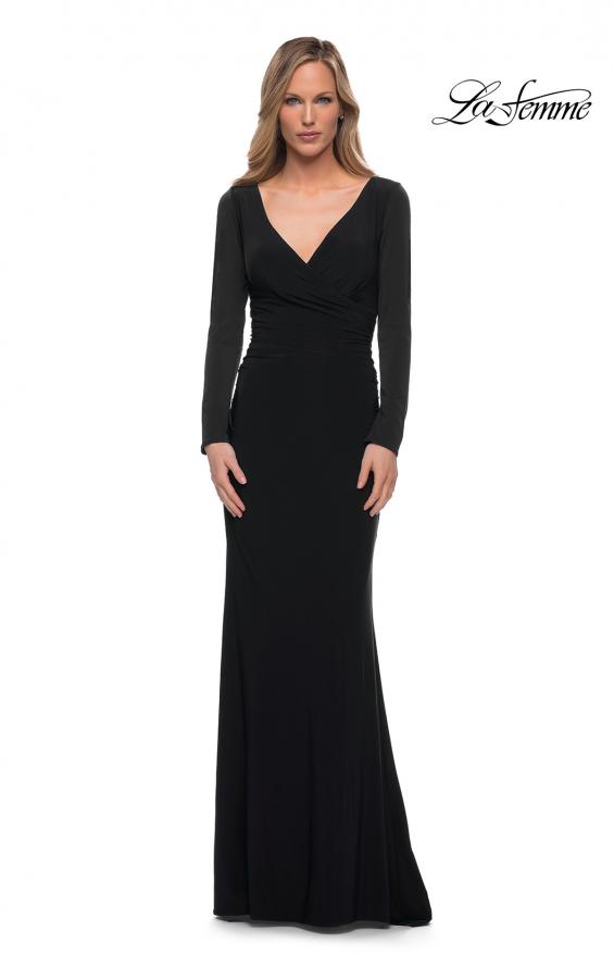 Picture of: Long Sleeve Jersey Evening Dress with Ruching in Black, Main Picture