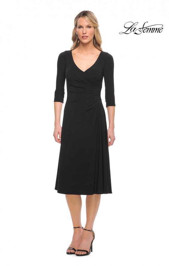 Picture of: Chic Tea Length Jersey Dress with Ruching in Black, Style: 30069, Main Picture
