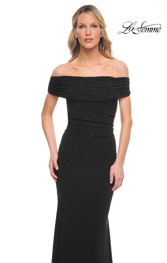 Picture of: Beaded Long Jersey Off the Shoulder Gown in Black, Style: 30117, Main Picture