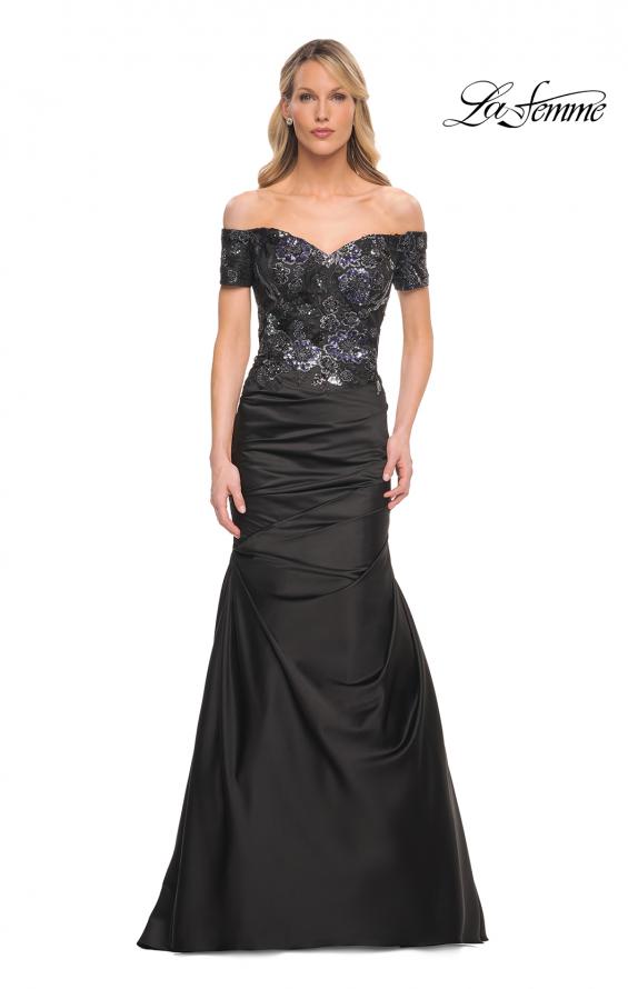 Picture of: Satin Mermaid Gown with Sequin Beaded Top in Black, Style: 30404, Main Picture