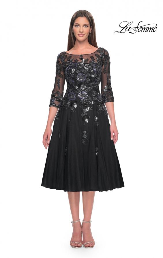 Picture of: Unique Lace and Tulle Knee Length Dress with Sleeves in Black, Style: 31017, Main Picture