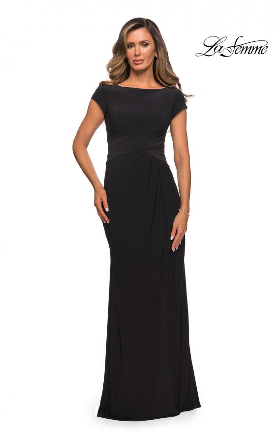 Picture of: Floor Length Jersey Evening Gown with Cap Sleeves in Black,Style: 28026, Detail Picture 8
