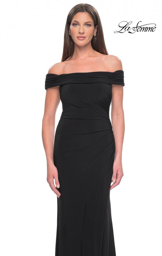 Picture of: Off the Shoulder Jersey Dress with Ruching and Slit in Black, Style: 31086, Detail Picture 8