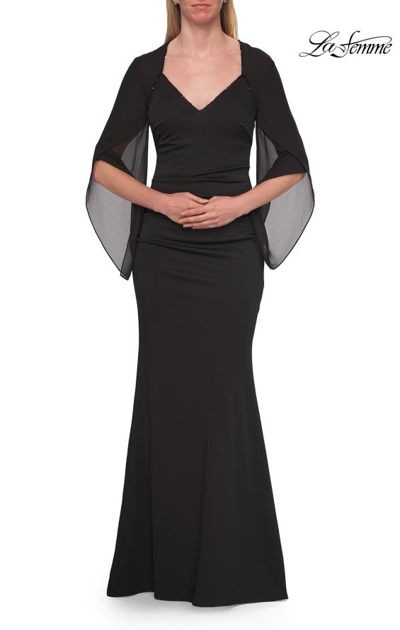 Picture of: V-Neck Gown with Sheer Flutter Sleeves in Black, Style: 33215, Detail Picture 8