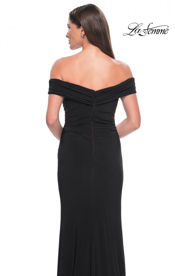 Picture of: Off the Shoulder Jersey Dress with Ruching and Slit in Black, Style: 31086, Detail Picture 9