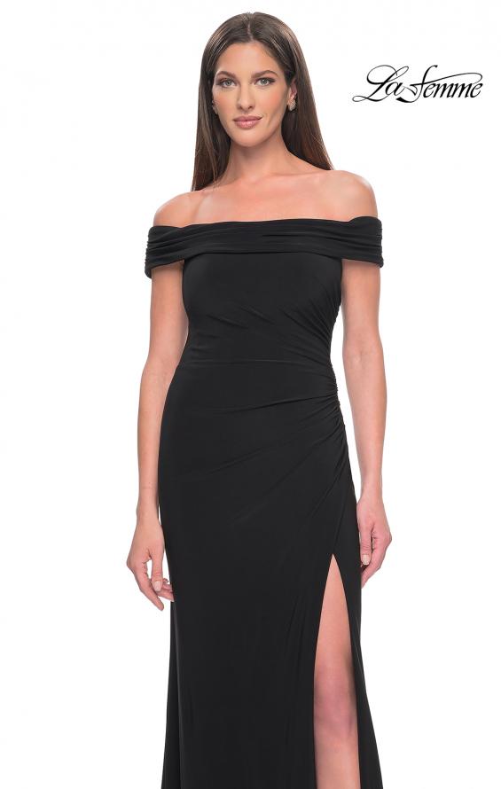 Picture of: Off the Shoulder Jersey Dress with Ruching and Slit in Black, Style: 31086, Detail Picture 10