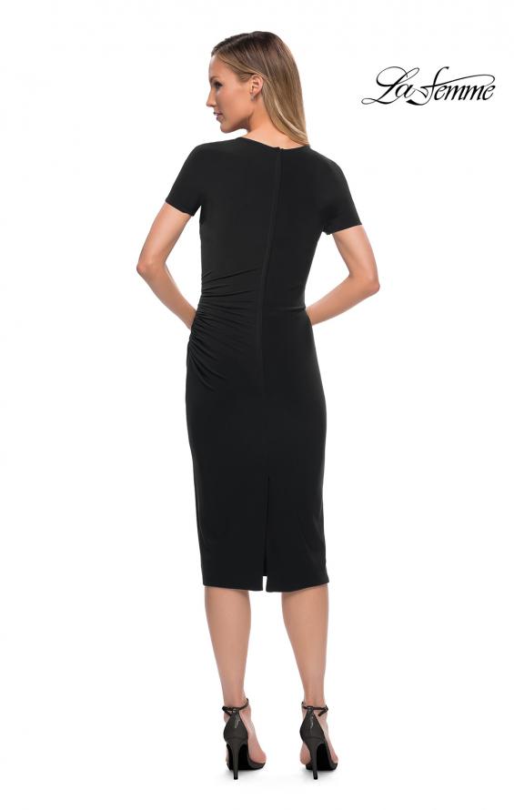 Picture of: Ruched Jersey Below the Knee Dress with Short Sleeves in Black, Back Picture