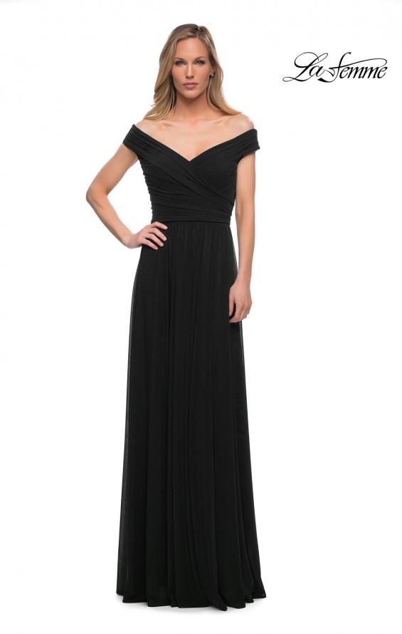 Picture of: Off the Shoulder Net Jersey Long Dress with Ruching in Black, Detail Picture 1