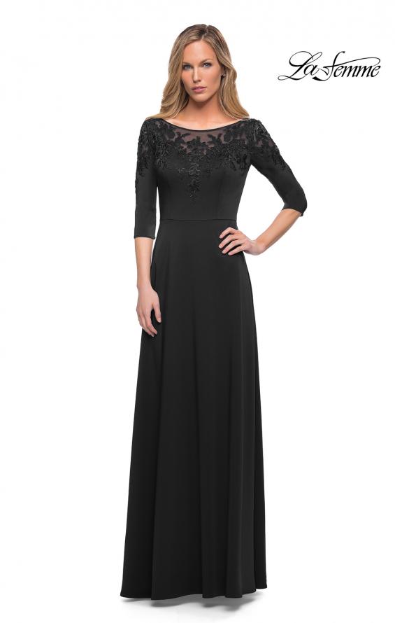 Picture of: Jersey Mother of the Bride Gown with Lace Neckline in Black, Detail Picture 1