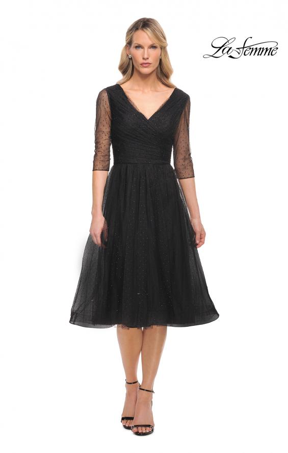 Picture of: Tea Length Tulle Dress with Beading and Sheer Sleeve in Black, Detail Picture 1